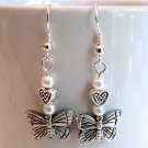 Silver Tone Butterfly Earrings with White Pearls -Boxed