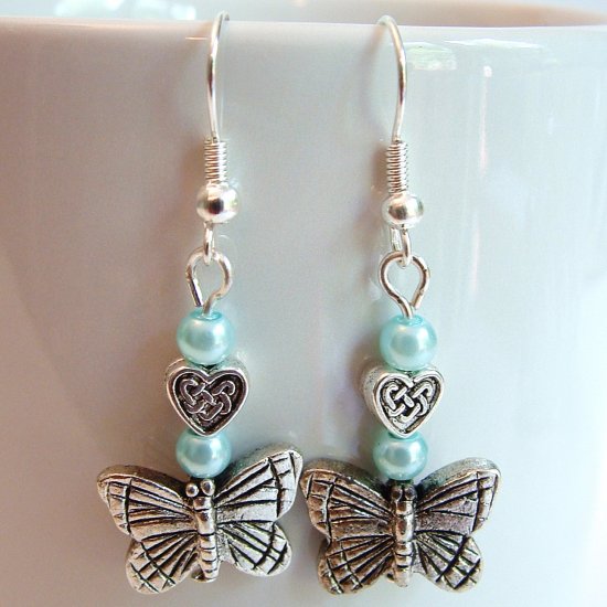 Silver Tone Butterfly Earrings with Blue Pearls -Boxed