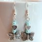 Silver Tone Butterfly Earrings with Blue Pearls -Boxed