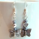 Silver Tone Butterfly Earrings with Dark Silver Pearls -Boxed