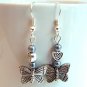 Silver Tone Butterfly Earrings with Dark Silver Pearls -Boxed