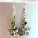 Silver Tone Butterfly Earrings with Green Pearls -Boxed