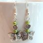 Silver Tone Butterfly Earrings with Green Pearls -Boxed