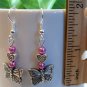 Silver Tone Butterfly Earrings with Green Pearls -Boxed