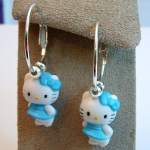 Handmade Blue Dress HELLO KITTY Silver Tone Hoop Earrings