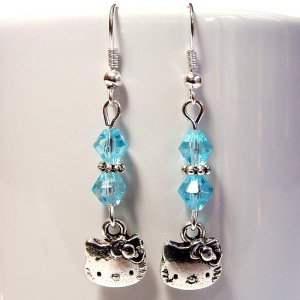 Silver Tone HELLO KITTY with Swarovski Crystal Earrings - Blue
