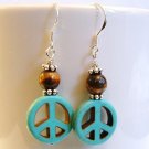 1/2" Turquoise Peace Sign & Tiger Eye Sterling Silver Handmade Earrings