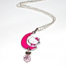 Handmade Hello Kitty on Pink Moon and Crystal Pendant Silver Necklace
