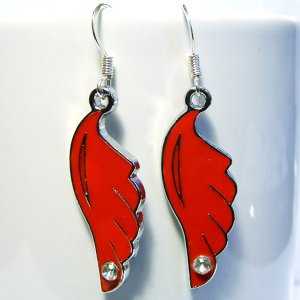Red Wing with Rhinestone Silver Tone Earrings Handmade