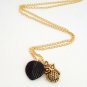 Gold Owl Bird with Black Glass Leaf Handmade Necklace