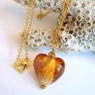 Amber Heart Lampwork Glass Bead Gold Necklace Handmade