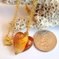 Amber Heart Lampwork Glass Bead Gold Necklace Handmade