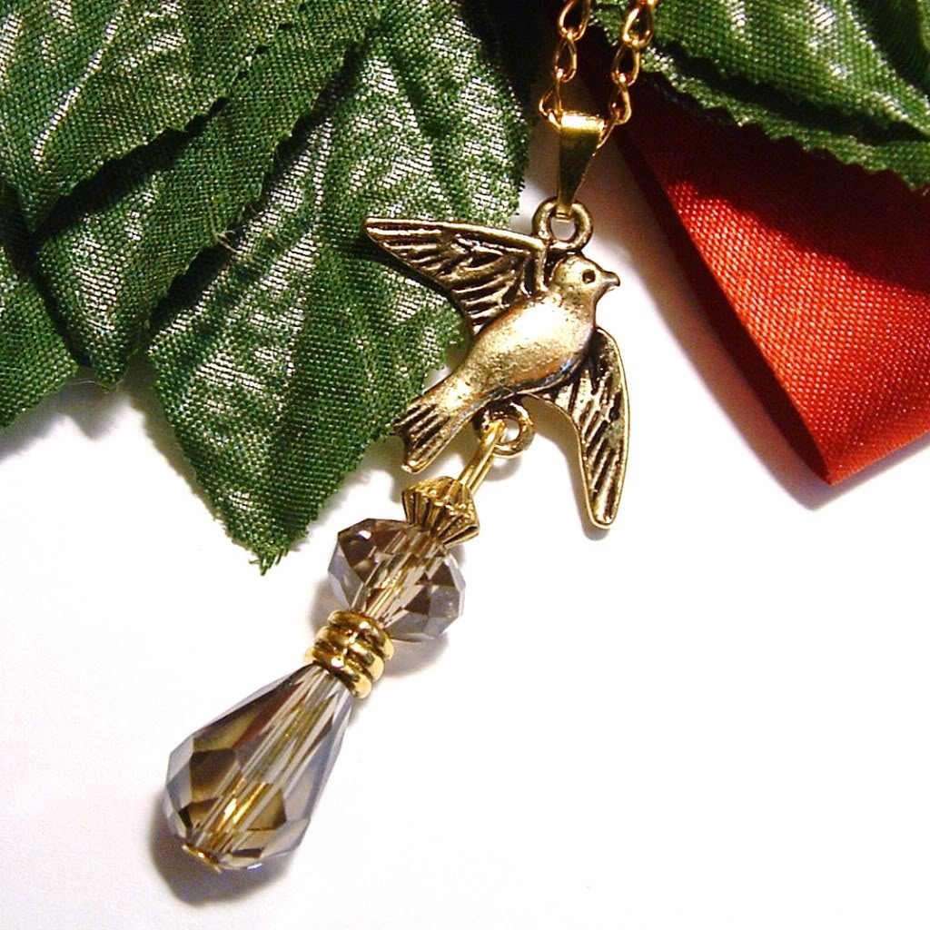 Gold Tone Dove Bird with Swarovski Crystals Necklace