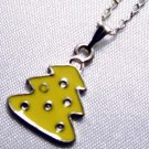 Yellow Enamel Christmas Tree Pendant Silver Tone Handmade Necklace