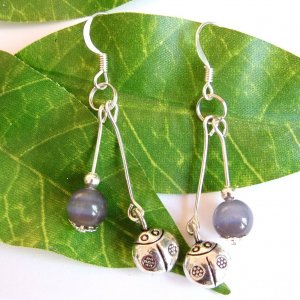 Handmade Silver Ladybug with Cat's Eye Dangle Earrings