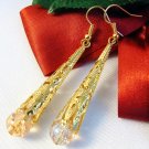 Crackle Glass Bead Long Gold Filigree Handmade Earrings
