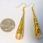 Crackle Glass Bead Long Gold Filigree Handmade Earrings