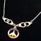 Handcuffs Rainbow Peace Sign  Handmade Silver Necklace