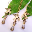 Gold Tone Dove Bird with Swarovski Crystals Handmade Earrings Necklace Gift Set