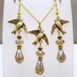 Gold Tone Dove Bird with Swarovski Crystals Handmade Earrings Necklace Gift Set