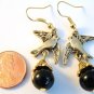 Gold Tone Dove Pigeon Bird with Black Onyx Gemstone Dangle Earrings