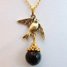 Gold Tone Dove Pigeon Bird with Black Onyx Gemstone Necklace