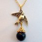 Gold Tone Dove Pigeon Bird with Black Onyx Gemstone Necklace