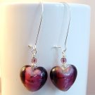 Purple Glass Heart with Silver Foil Drop Kidney Wire Earrrings Handmade