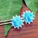 Glitter Sky Blue Rose Flower on Filigree Handmade Bobby Pins Hair Pins