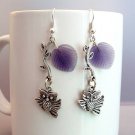 Silver Owl Bird and Purple Leaf with Branch Handmade Earrings