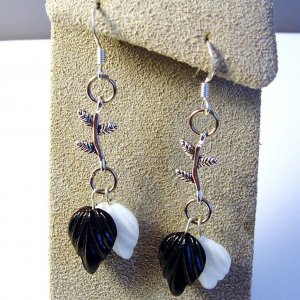 Handmade Black White Leaves Silver Tone Branch Earrings