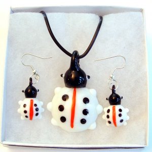 White Ladybug Lampwork Glass Pendant Necklace & Earrings Set