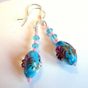 Light Blue Lampwork Glass & Crystals Sterling Silver Handmade Earrings