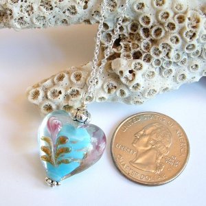 Light Blue Heart Lampwork Glass Sterling Silver Handmade Necklace