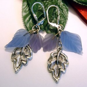 Handmade Silver Blue Purple Leaf Leaves Dangle Earrings