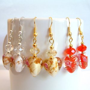 Red Amber Clear Heart Lampwork Glass w/ Swarovski Crystals Handmade Earrings