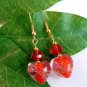 Red Amber Clear Heart Lampwork Glass w/ Swarovski Crystals Handmade Earrings