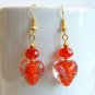 Red Amber Clear Heart Lampwork Glass w/ Swarovski Crystals Handmade Earrings