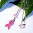 Pink Ribbon Breast Cancer Awareness Charm w/ Crystal Handmade Pendant Necklace
