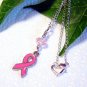 Pink Ribbon Breast Cancer Awareness Charm w/ Crystal Handmade Pendant Necklace