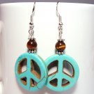 Turquoise Peace Sign & Tiger Eye Sterling Earrings