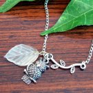 Silver Owl and Frosted Glass Leaf on Branch Handmade Asymmetrical Necklace