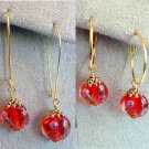 Handmade Round Red Lampwork Glass Bead with Pink Flower Gold Tone Drop Earrings