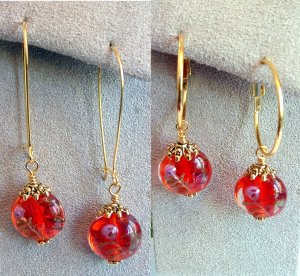 Handmade Round Red Lampwork Glass Bead with Pink Flower Gold Tone Drop Earrings