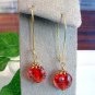 Handmade Round Red Lampwork Glass Bead with Pink Flower Gold Tone Drop Earrings
