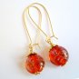 Handmade Round Red Lampwork Glass Bead with Pink Flower Gold Tone Drop Earrings