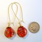Handmade Round Red Lampwork Glass Bead with Pink Flower Gold Tone Drop Earrings
