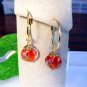 Handmade Round Red Lampwork Glass Bead with Pink Flower Gold Tone Drop Earrings
