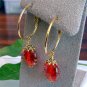 Handmade Round Red Lampwork Glass Bead with Pink Flower Gold Tone Drop Earrings
