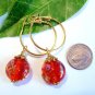 Handmade Round Red Lampwork Glass Bead with Pink Flower Gold Tone Drop Earrings